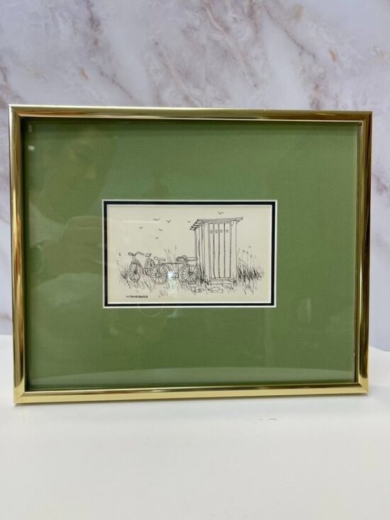 MJ Blakebrough Other - M.J. Blakebrough Framed Print - Whimsical Outhouse & Bicycles Pen & Ink Sketch